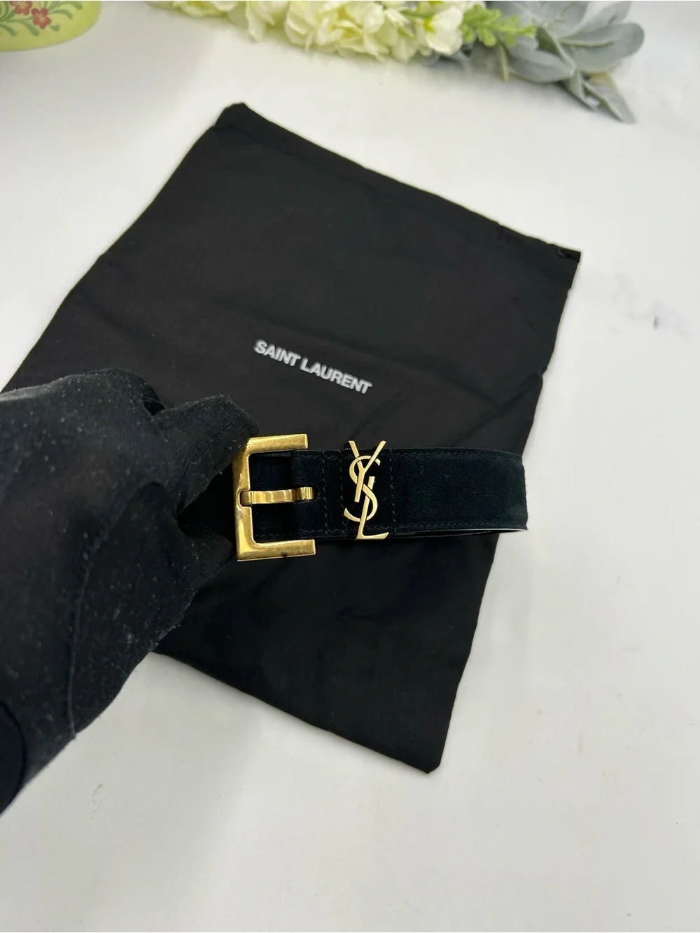 Women's Saint Laurent Black Suede Belt with Gold YSL Logo 80/32 inches